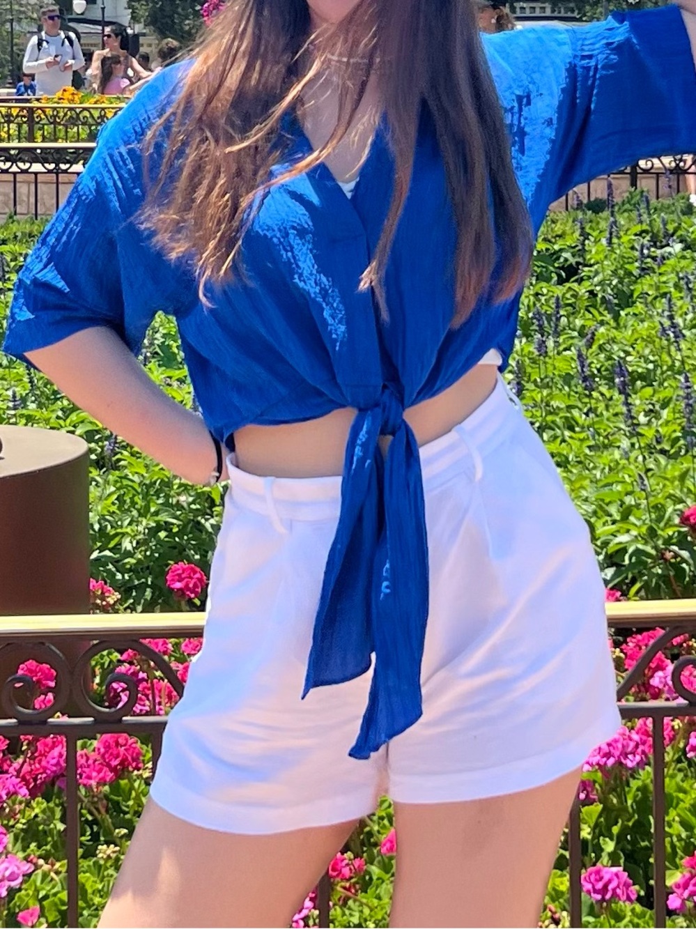 Cropped Tie-Front Short Sleeve Top — Royal Blue